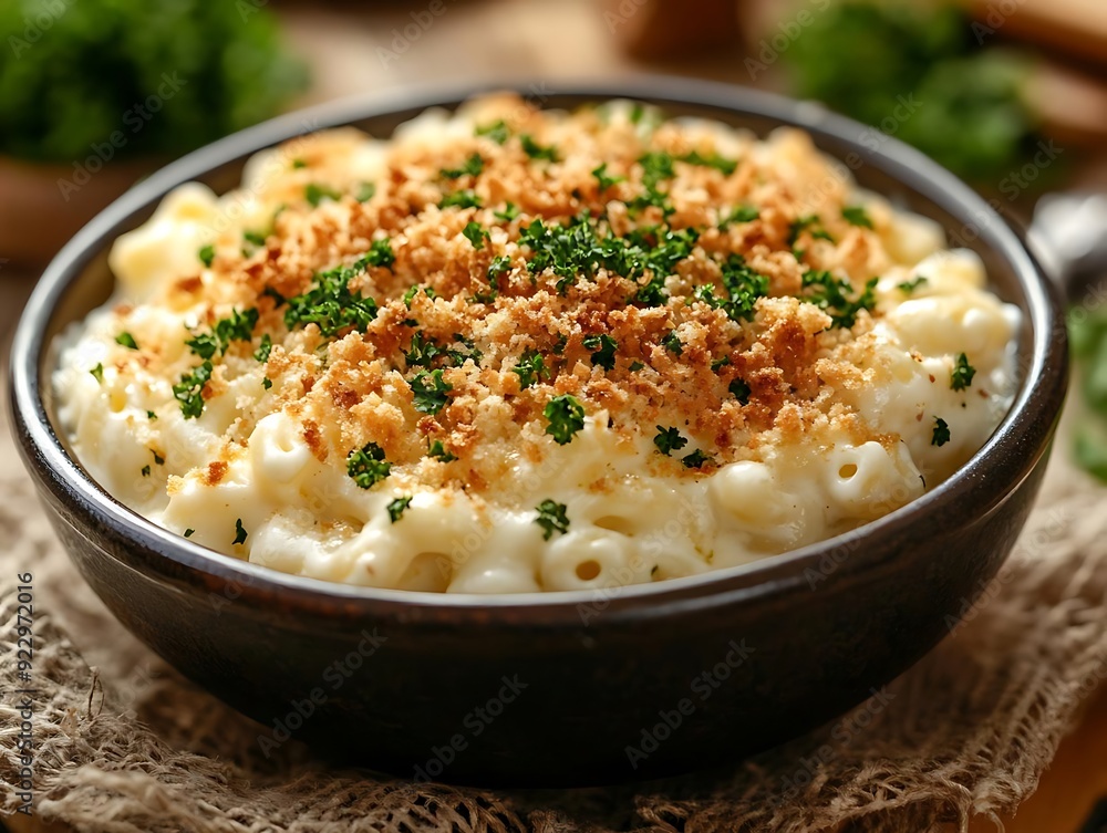 Close Up of Creamy Mac and Cheese with Breadcrumbs and Parsley - Food Photography Close Up of Creamy Mac and Cheese with Breadcrumbs and Parsley - Food Photography