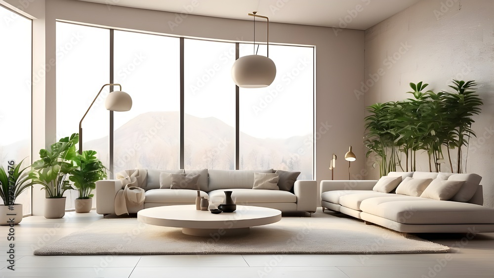An Interior of a huge, contemporary living room with a floor light, plants, and a textured wall set against a large window that reflects a minimalist design concept. 3D An Interior of a huge, contemporary living room with a floor light, plants, and a textured wall set against a large window that reflects a minimalist design concept. 3D