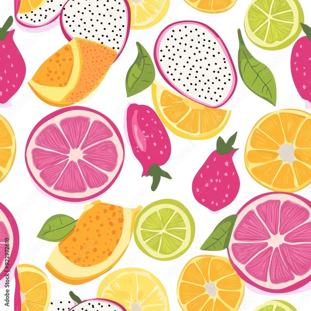Seamless pattern of a mix of citrus and tropical fruits like grapefruits, limes, and dragon fruit Seamless pattern of a mix of citrus and tropical fruits like grapefruits, limes, and dragon fruit