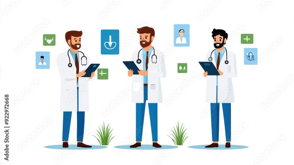 Three doctors discussing patient data, featuring digital health icons for modern healthcare solutions. Three doctors discussing patient data, featuring digital health icons for modern healthcare solutions.