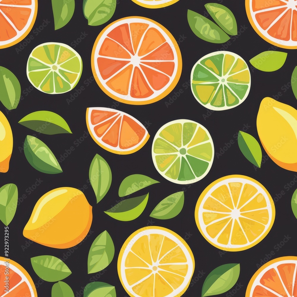 Seamless pattern of citrus fruits with oranges, lemons, and limes in bright, juicy colors Seamless pattern of citrus fruits with oranges, lemons, and limes in bright, juicy colors