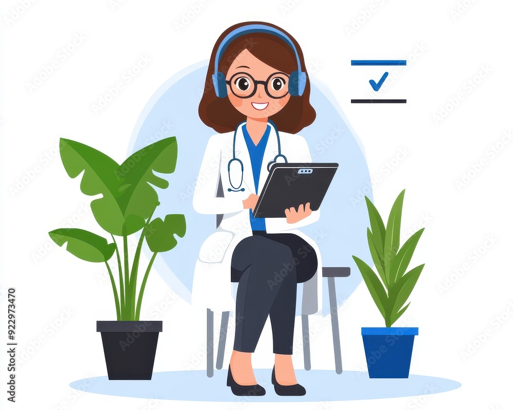 Cheerful female doctor wearing headset, consulting with a tablet in a bright room with plants, representing telemedicine care. Cheerful female doctor wearing headset, consulting with a tablet in a bright room with plants, representing telemedicine care.