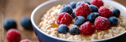 Delicious Oatmeal with Fresh Blueberries and Raspberries - Food Photography