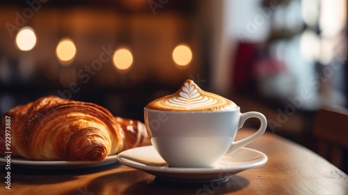 Coffee and Croissant in a Cozy Cafe