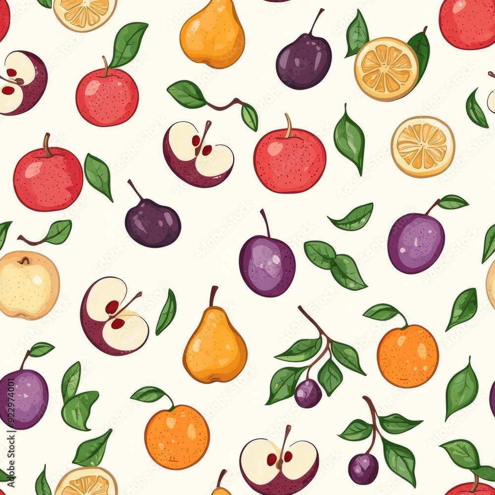Obraz premium Seamless pattern of fruit pairings such as apples and oranges, or pears and plums