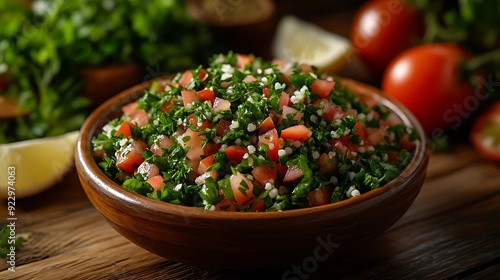 Delicious Tabbouleh Salad with Tomatoes and Parsley in a Wooden Bowl - Food Photography