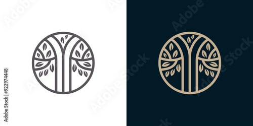 Tree in the round circle line icon logo vector. Tree leaf life concept logo
