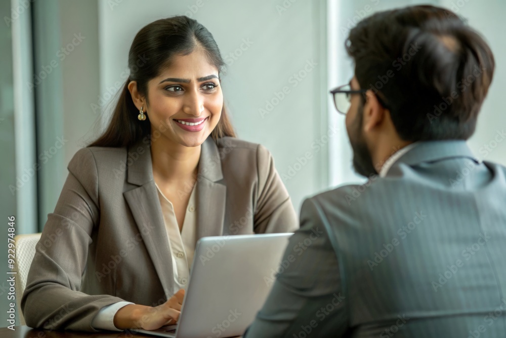 An Indian woman financial advisor meeting with a client, providing financial advice or solutions in a professional setting.
An Indian woman financial advisor meeting with a client, providing financial advice or solutions in a professional setting.