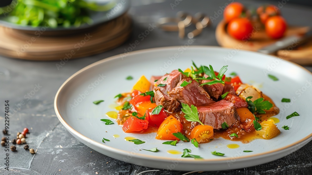 Close-up of a delicious dish of grilled steak with tomatoes, onions, and herbs on a white plate. Close-up of a delicious dish of grilled steak with tomatoes, onions, and herbs on a white plate.