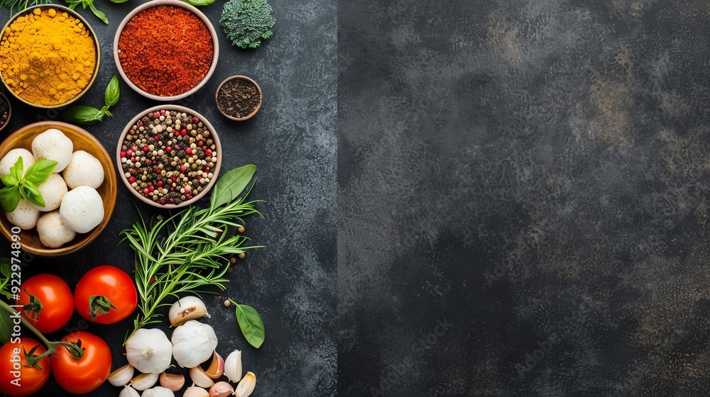 Assortment of fresh herbs, spices, and vegetables on dark background. Copy space. Assortment of fresh herbs, spices, and vegetables on dark background. Copy space.