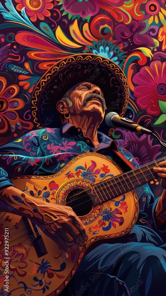 Obraz premium A musician sings and plays guitar, surrounded by colorful floral patterns, capturing the essence of traditional music