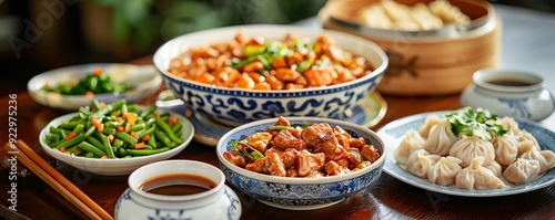 A table setting of Chinese food including dumplings, stir fry, and noodles.