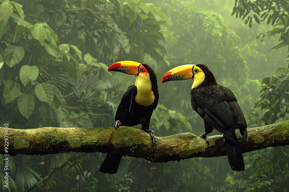 Fototapeta premium Two toucans perched on a mossy branch in a rainforest during a light rain shower.