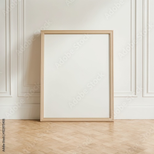 Frame hanging on white wall with herringbone flooring 