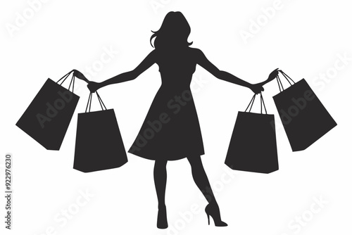 Shopping girl silhouette set. woman holding shopping bag silhouette vector black on isolated on a white background