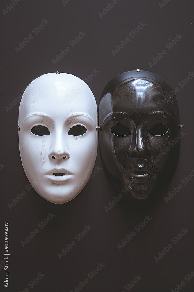 Two masks, one white and one black, are placed side by side against a dark background. Two masks, one white and one black, are placed side by side against a dark background.