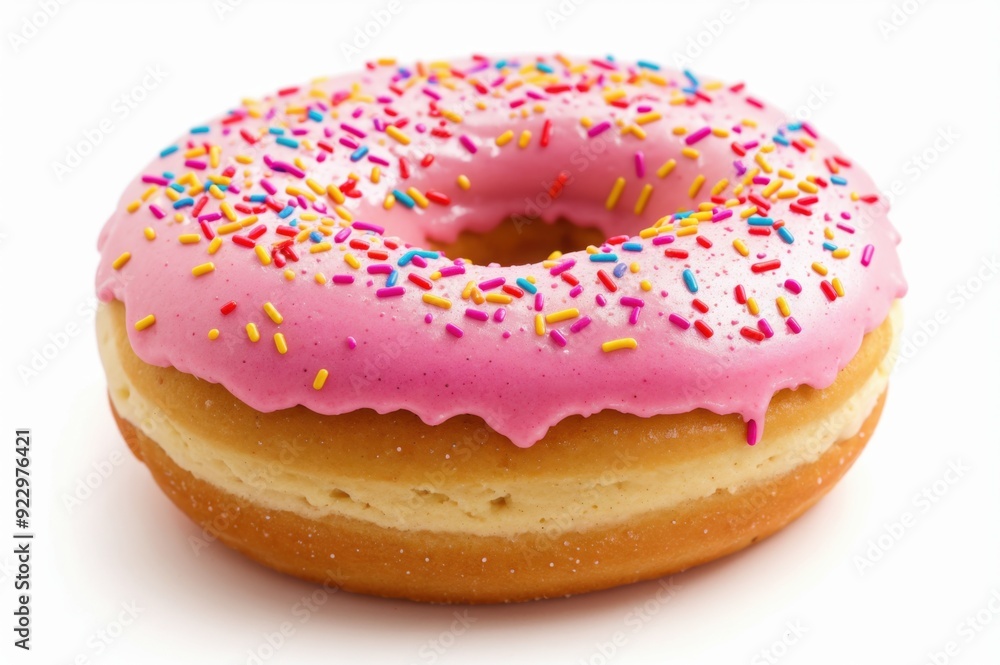 Frosted pink donut with colorful sprinkles on inviting white backdrop Frosted pink donut with colorful sprinkles on inviting white backdrop