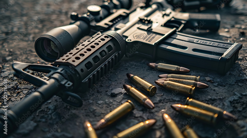 Naklejka premium AR 15 with ammunition laying near it