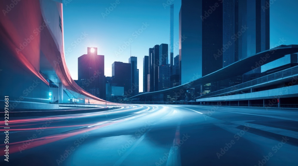Fototapeta premium Futuristic cityscape featuring dynamic blue shades and shiny structures