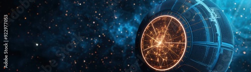 Holographic blueprint of a spacecraft's navigation system, with virtual pathways and star maps glowing in front of a dark void, digital illustration, cool blue tones