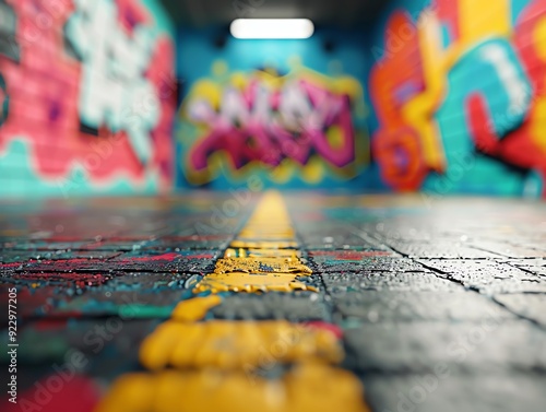Graffiti-covered alleyway with a yellow line on the ground, creating a sense of urban mystery.