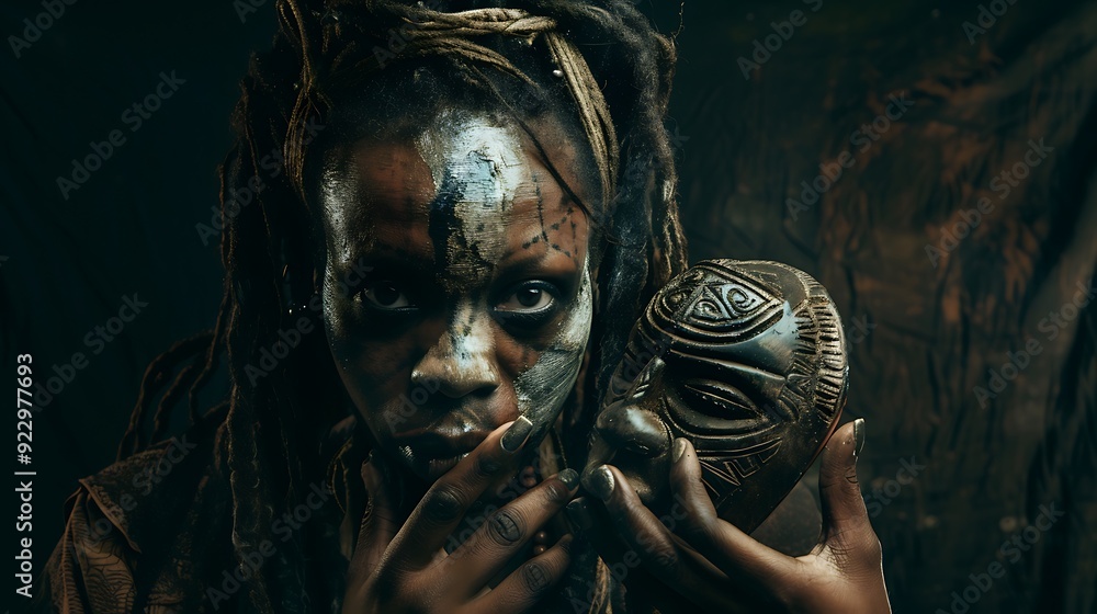 A woman with dreadlocks and face paint holds a tribal mask. A woman with dreadlocks and face paint holds a tribal mask.