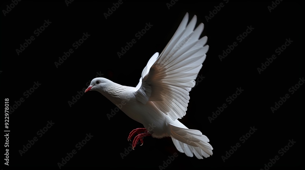 Fototapeta premium White dove with red feet flying in mid air against a black background.
