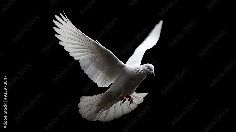 Fototapeta premium A white dove in flight against a black background.