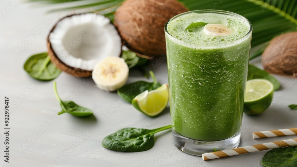 A refreshing green smoothie with coconut, spinach, banana, and lime. A refreshing green smoothie with coconut, spinach, banana, and lime.