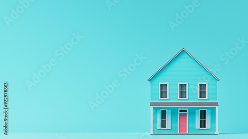 Wallpaper Mural A charming turquoise house with pink door and windows set against a bright turquoise background, ideal for home decoration themes. Torontodigital.ca