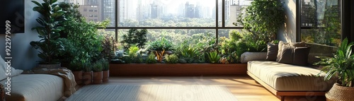 Urban apartment with a balcony garden filled with plants, providing a green retreat in a dense city environment, showcasing biophilic design in small spaces photo