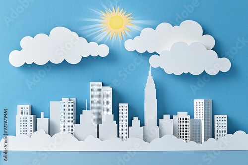 A vibrant paper cutout city skyline under a bright sun with fluffy clouds, depicting creativity and urban life. photo