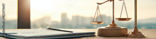 Close-up of a golden balance scale on a desk, symbolizing justice, with a blurred city skyline in the background and legal documents. photo