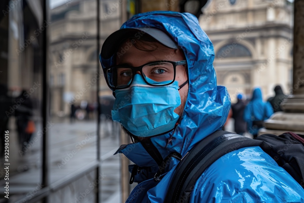 Man in blue raincoat and face mask standing in a rainy city street, showcasing urban life and safety during pandemic. Man in blue raincoat and face mask standing in a rainy city street, showcasing urban life and safety during pandemic.