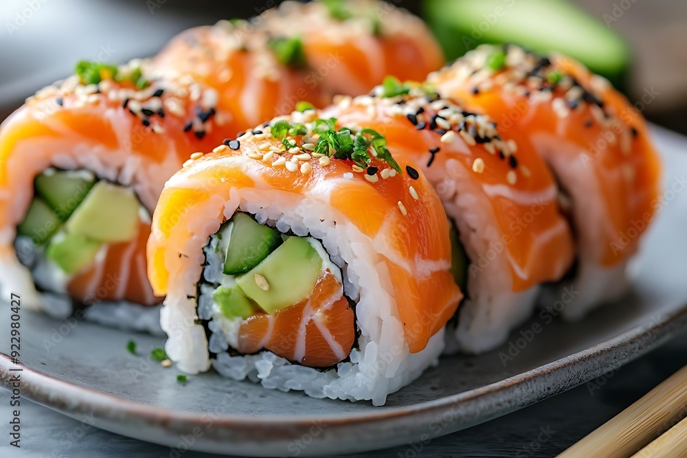 Closeup of Salmon Sushi Rolls with Avocado and Cucumber - Food Photography Closeup of Salmon Sushi Rolls with Avocado and Cucumber - Food Photography