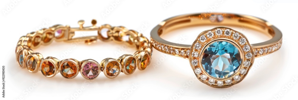 Gold ring set with topaz and diamond stones alongside a bracelet featuring topaz and diamonds, includes clipping path. Gold ring set with topaz and diamond stones alongside a bracelet featuring topaz and diamonds, includes clipping path.