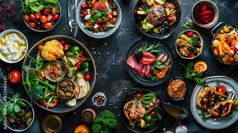 Assorted dishes on a background of darkness Assorted dishes on a background of darkness