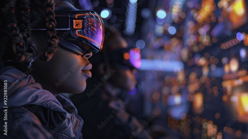 Woman Wearing VR Headset in Futuristic Setting Woman Wearing VR Headset in Futuristic Setting