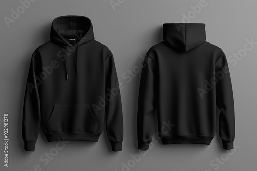  black hoodie with a hood is shown from the back. The hoodie is made of a soft material and has a pocket on the front. The hoodie is designed to be comfortable and warm