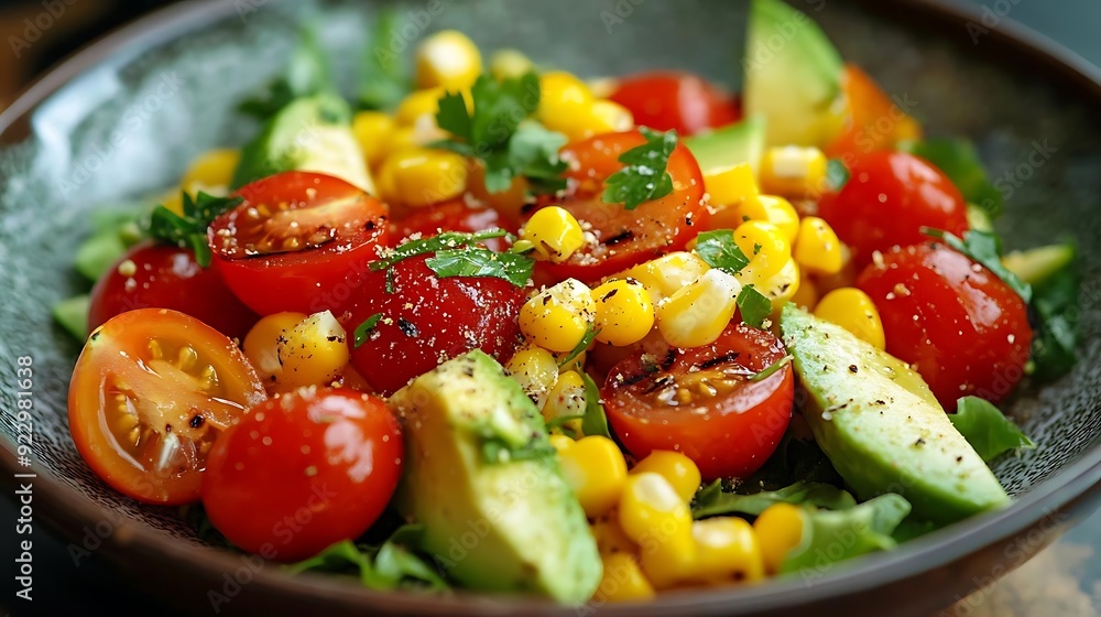 Close Up Photo of a Bowl of Fresh Salad with Avocado, Cherry Tomatoes, and Corn Close Up Photo of a Bowl of Fresh Salad with Avocado, Cherry Tomatoes, and Corn