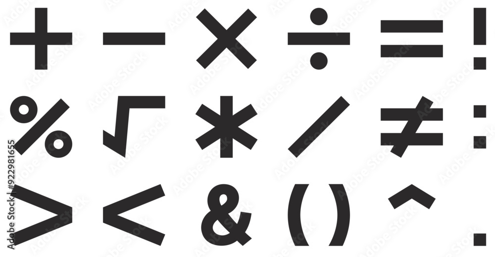 Obraz premium 演算子、足す、引く、掛ける、割る、イコール等の算術記号のベクターイラストセット