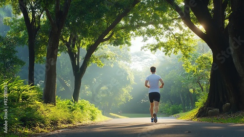 Fototapeta Naklejka Na Ścianę i Meble -  A serene scene of a jogger running through a sunlit park surrounded by lush trees and tranquil nature.