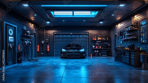 Modern Garage Interior with Black Electric Car and Charging Station 3D Illustration