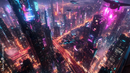 Cyberpunk Cityscape with Flying Ships