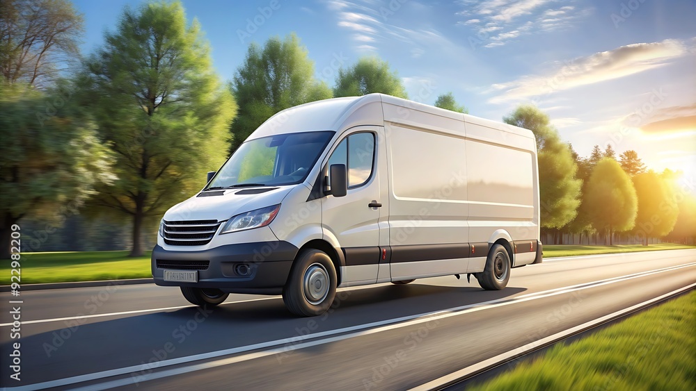 White Delivery Van Driving on a Road with Trees and a Sunset Sky. White Delivery Van Driving on a Road with Trees and a Sunset Sky.