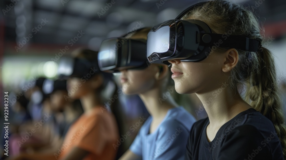 Young Woman Immersed in Virtual Reality Experience Young Woman Immersed in Virtual Reality Experience