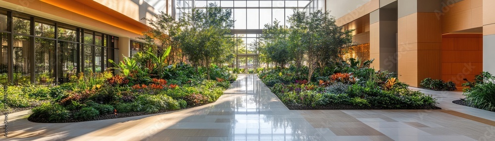 Naklejka premium Healthcare facility with indoor gardens, natural lighting, and calming water features, showcasing biophilic design s impact on healing environments