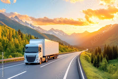 A vibrant sunset landscape featuring a truck driving on a scenic highway surrounded by mountains and lush greenery.