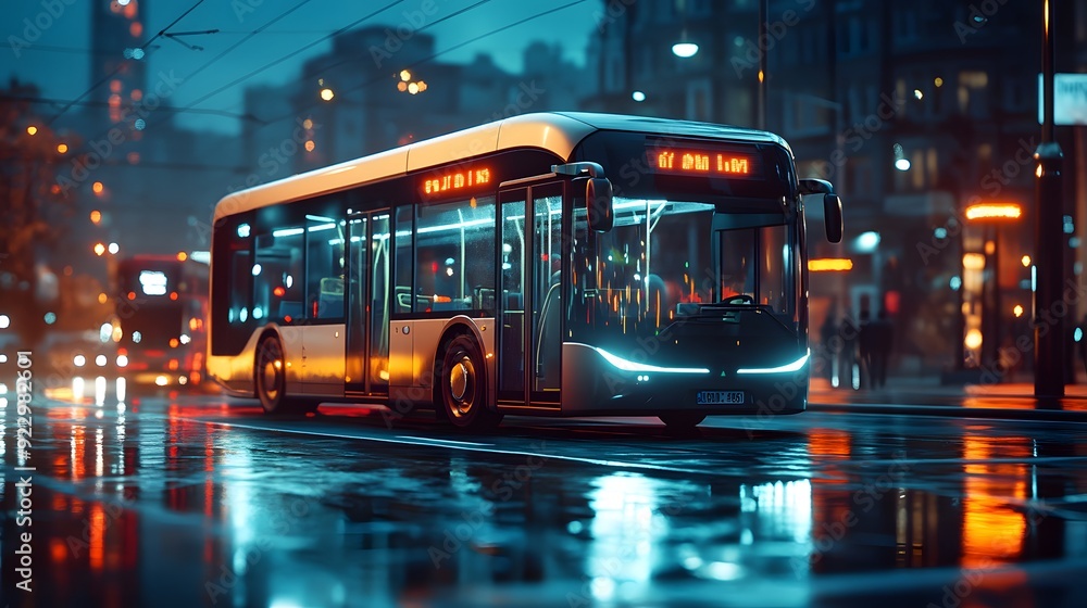 Modern Bus Driving Through City Streets at Night 3D Illustration Modern Bus Driving Through City Streets at Night 3D Illustration