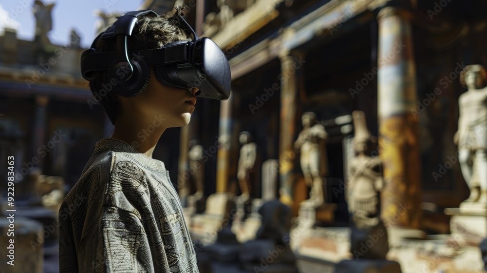 Boy Exploring Ancient Ruins with VR Headset